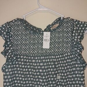 LOFT Outlet Green Grey White Geometric Print Flutter Sleeve Tie Neck Top Size S